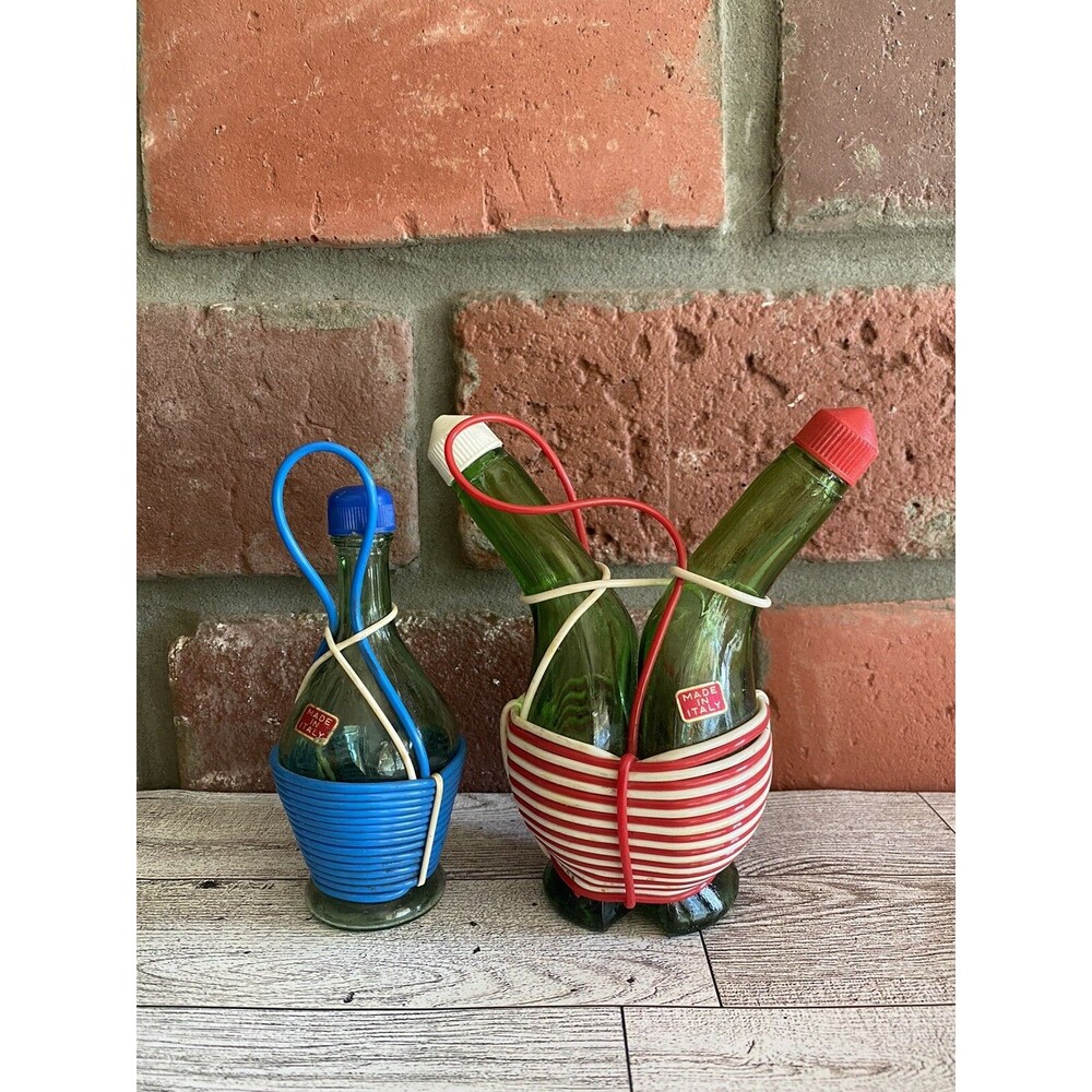 Oil & Vinegar Cruet Italy Double Crook Neck Wrapped Red White Blue Extra Bottle